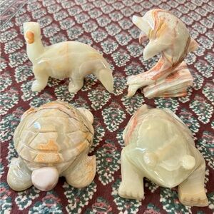 Set of 4 Hand-carved Onyx Stone Animal Figurines Dolphin, turtle, frog, dinosaur
